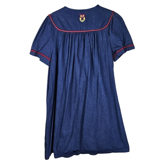 Go Softly Patio Dress XL Blue Owl Embroidered Short Sleeve Pockets Cottagecore - Picture 2 of 9